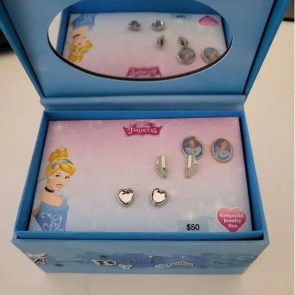 3 Pair Set Disney Princess Cinderella Earrings with Keepsake Blue Jewelry‎ Box